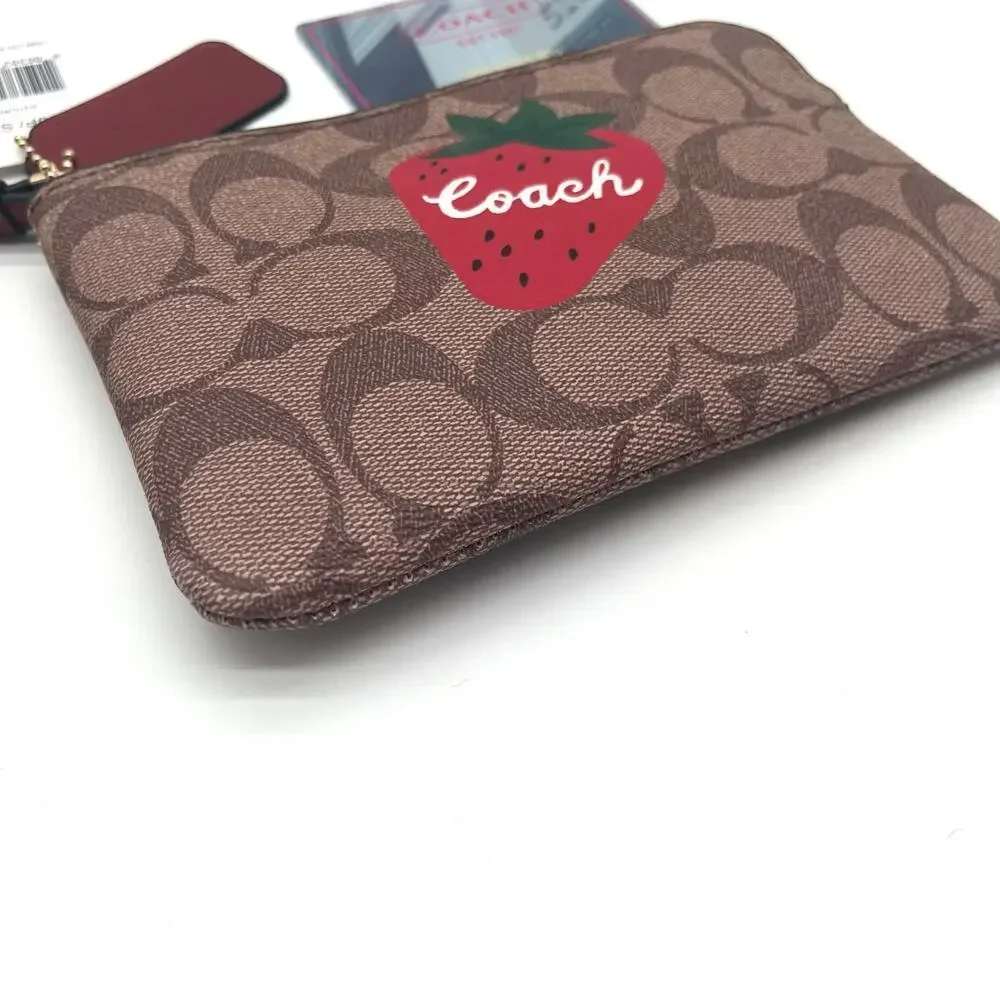 COACH NWT Signature Leather Strawberry Corner Zip Wristlet